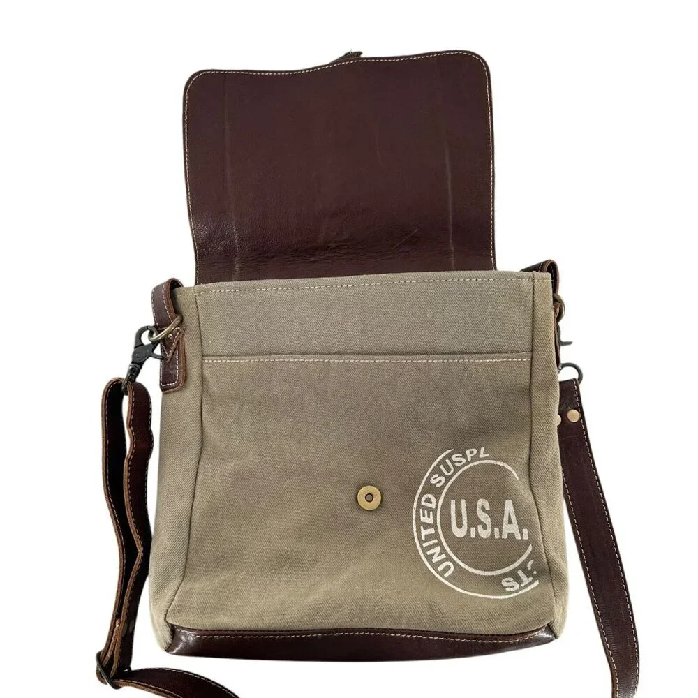 Myra Bag Sage Green Canvas and Brown Leather Messenger Tote Crossbody Bag - Picture 5 of 9